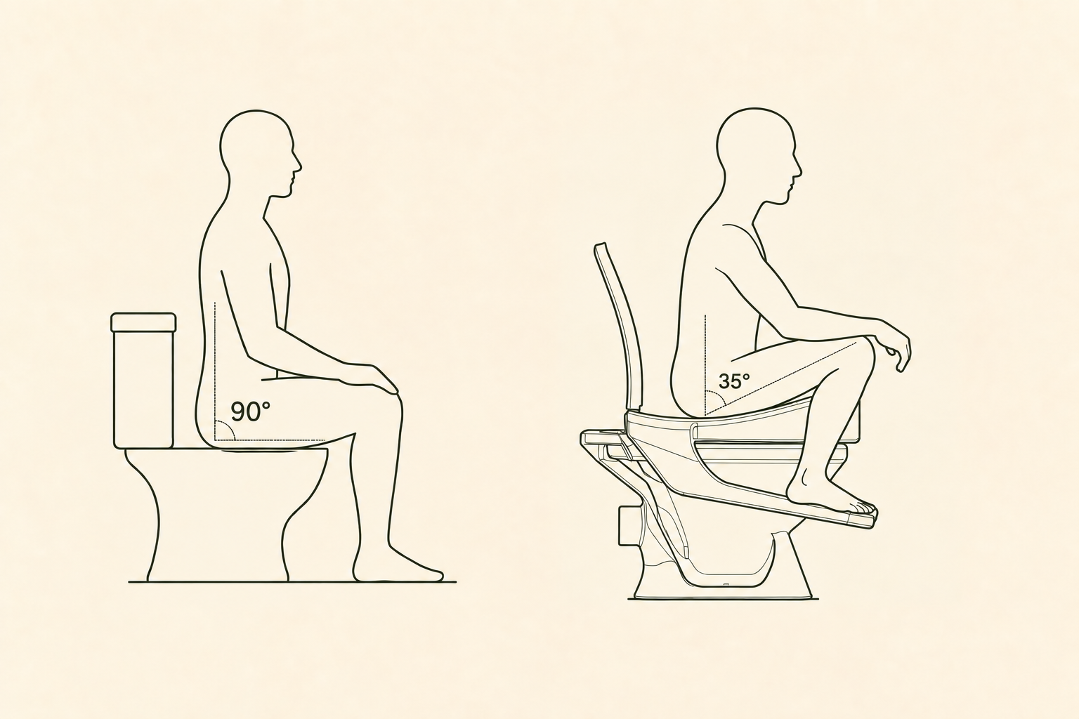 Diagram comparing 90 degree seated posture with a 35 degree natural squat