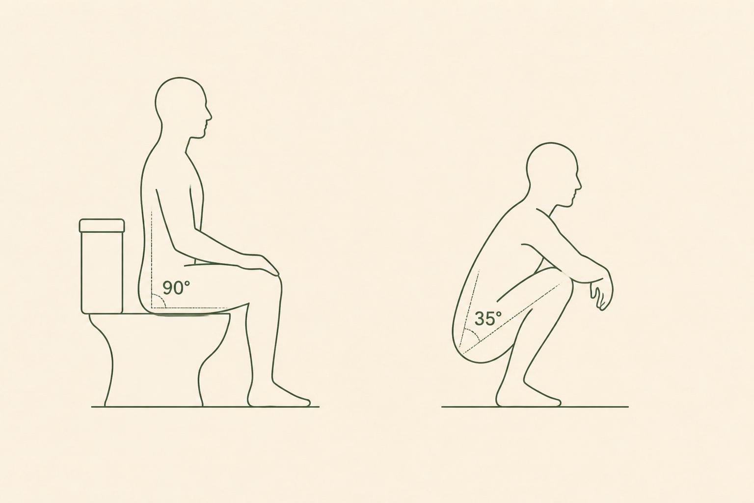 Diagram comparing 90 degree seated posture with a 35 degree natural squat